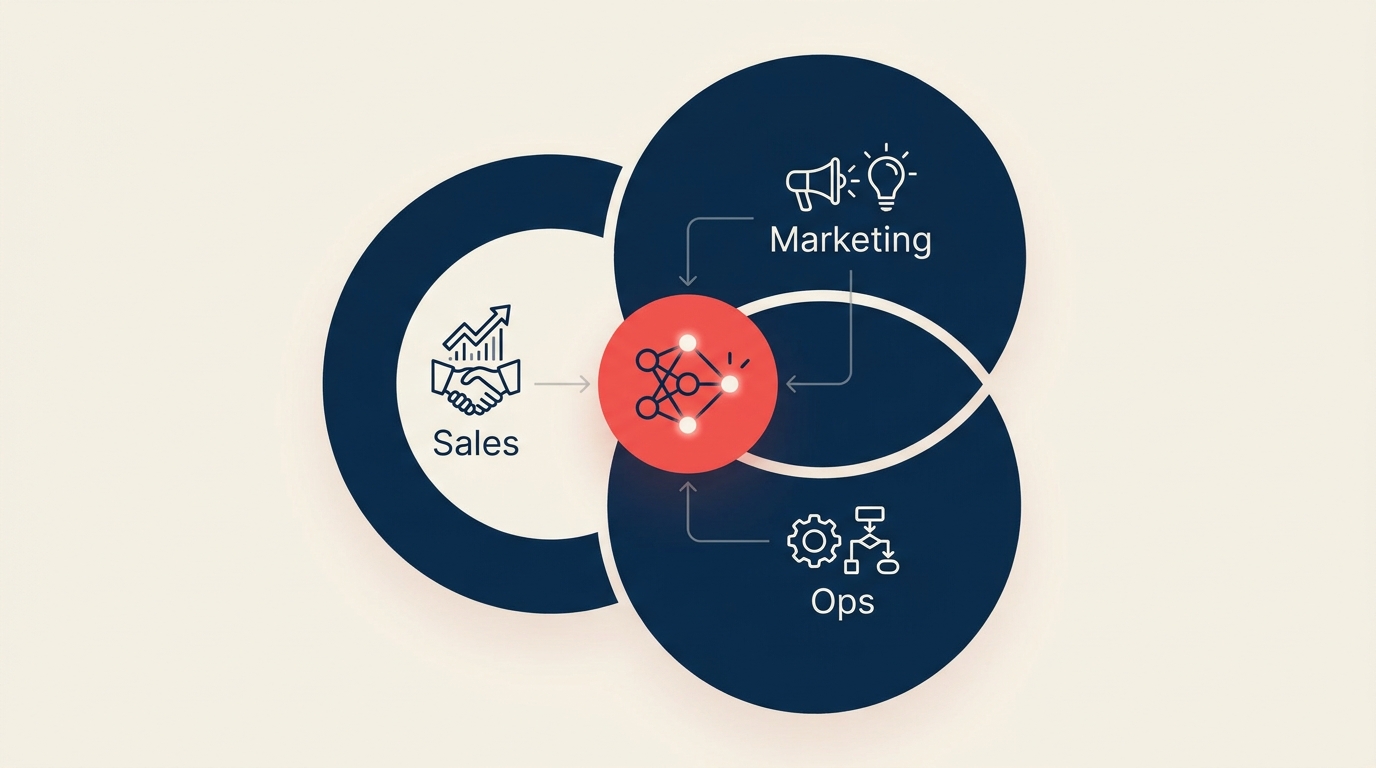 Diagrama de colaboração de AI interfuncional mostrando os círculos de Vendas, Marketing e Ops com nó de AI compartilhado