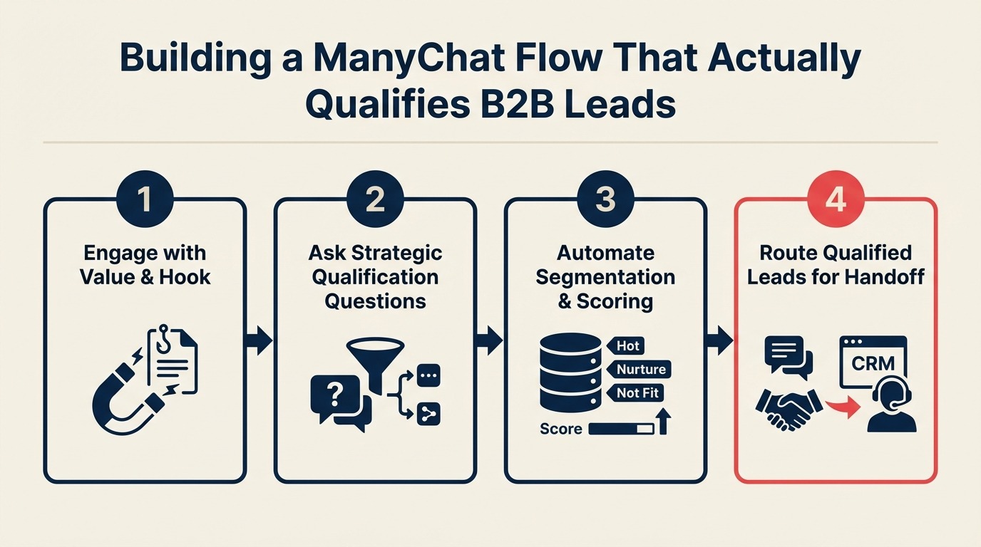 ManyChat B2B qualification flow illustrated as a builder completing four numbered questions that route leads into hot, warm, and resource paths