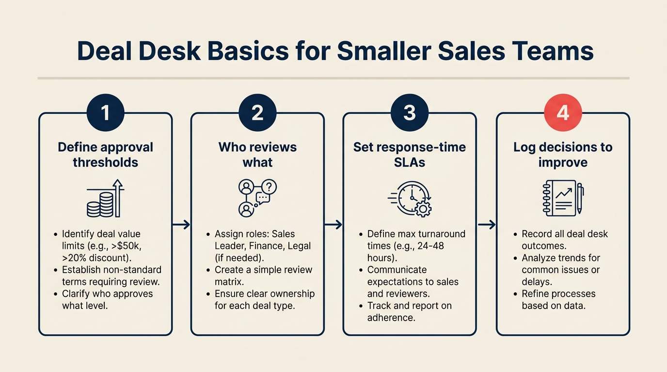 Asas deal desk untuk pasukan jualan lebih kecil: aliran kelulusan 4 langkah tanpa overhead peringkat enterprise