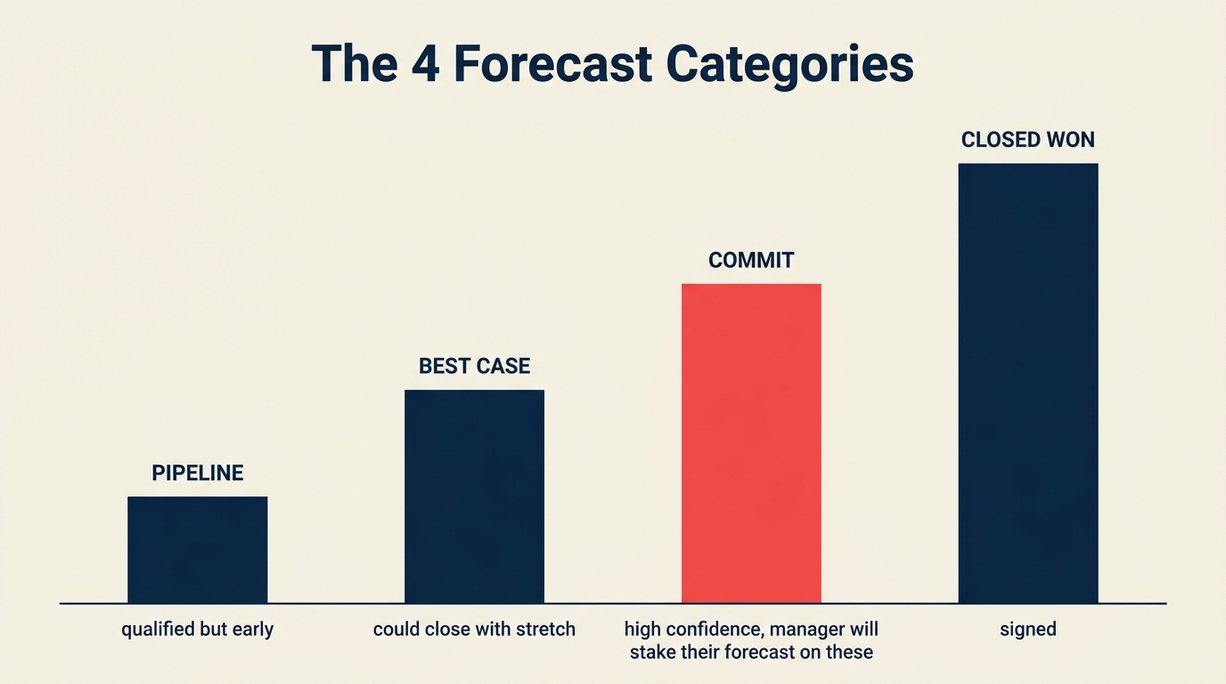 4 kategori ramalan sebagai tangga keyakinan: pipeline, best case, commit, closed won