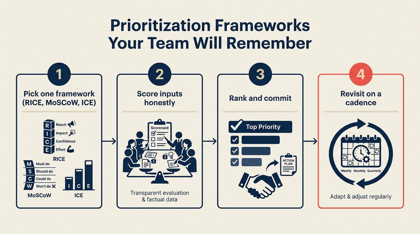 Kerangka prioritisasi yang akan diingat tim Anda, RICE, MoSCoW, ICE dijelaskan dalam 4 langkah