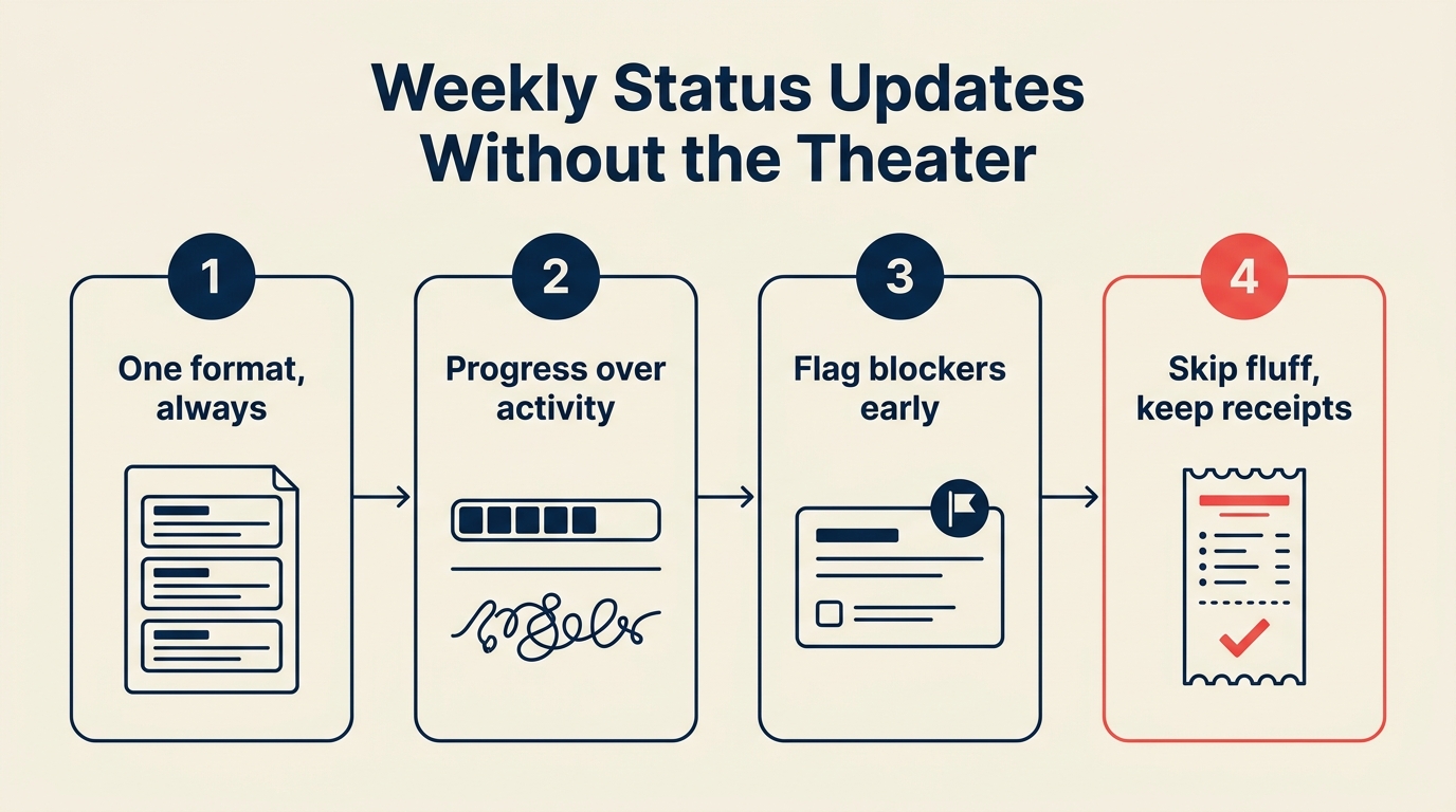 Wöchentliche Status-Updates ohne Theater: 4-Schritte-Format, das Lärm reduziert