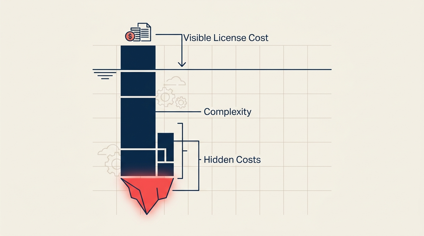 True cost of software sprawl shown as an overloaded tool cabinet with hidden operations debt