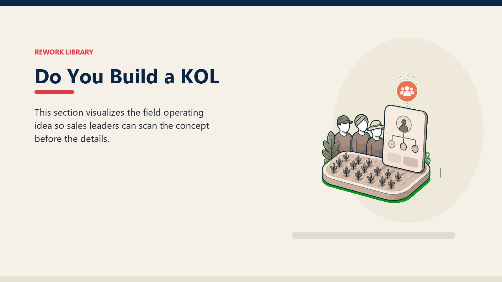 Do You Build a KOL showing crop field tile, abstract farmer segment tokens, blank advisory card, and one coral trust marker