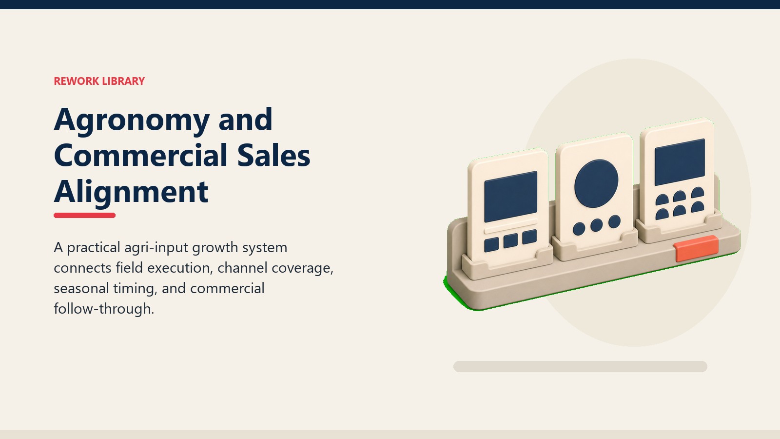 Agronomy and Commercial Sales Alignment showing agri-input commercial system with crop field tile, dealer outlet token, blank planning card, and one coral signal