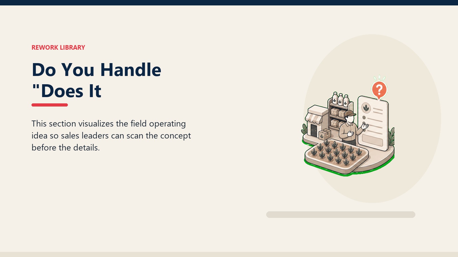 Do You Handle "Does It showing agri-input commercial system with crop field tile, dealer outlet token, blank planning card, and one coral signal