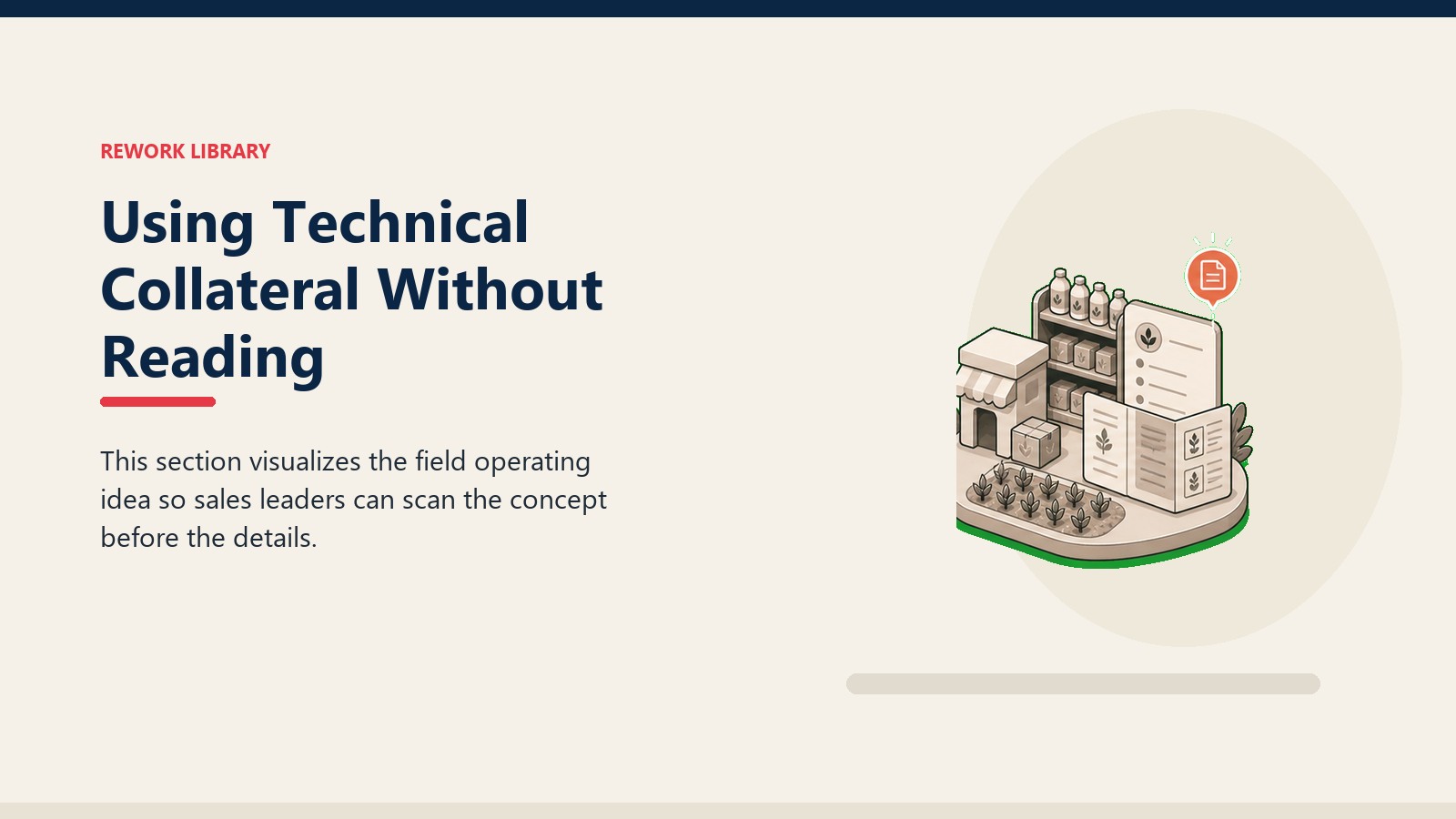 Using Technical Collateral Without Reading showing agri-input commercial system with crop field tile, dealer outlet token, blank planning card, and one coral signal