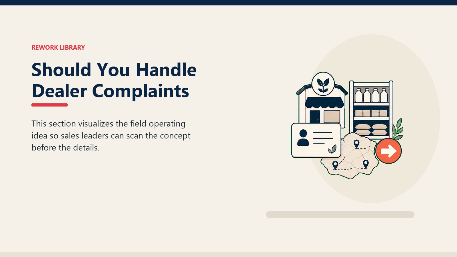 Should You Handle Dealer Complaints showing dealer outlet card, stock shelf tile, territory marker, and one coral next-action signal