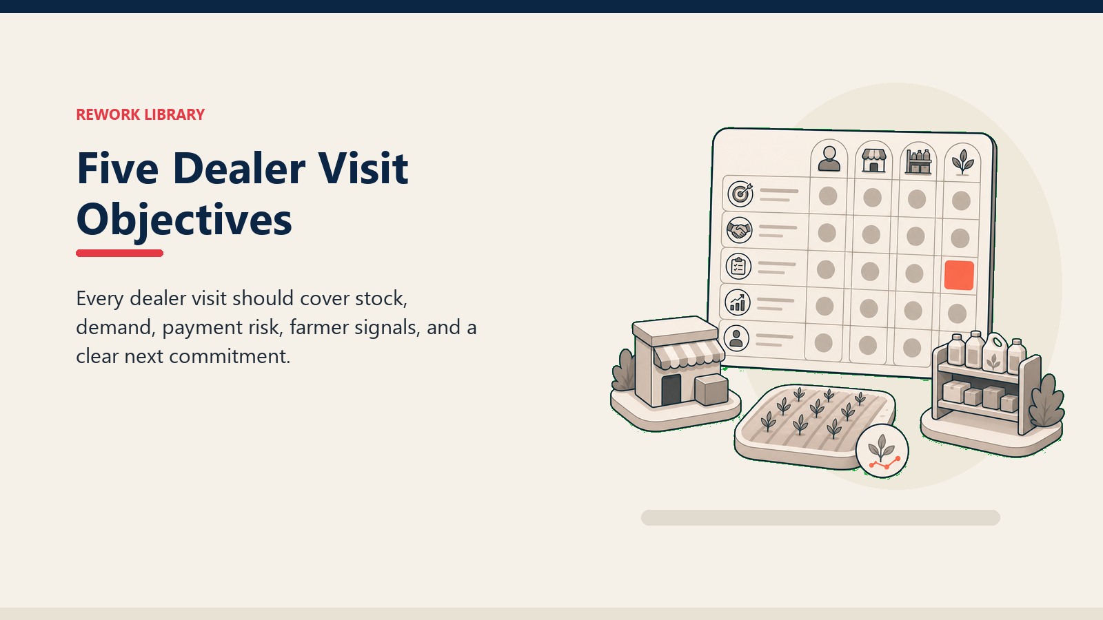 Five Dealer Visit Objectives showing blank five-row dealer visit objective board with outlet token, stock shelf token, crop signal token, and one coral commitment cell