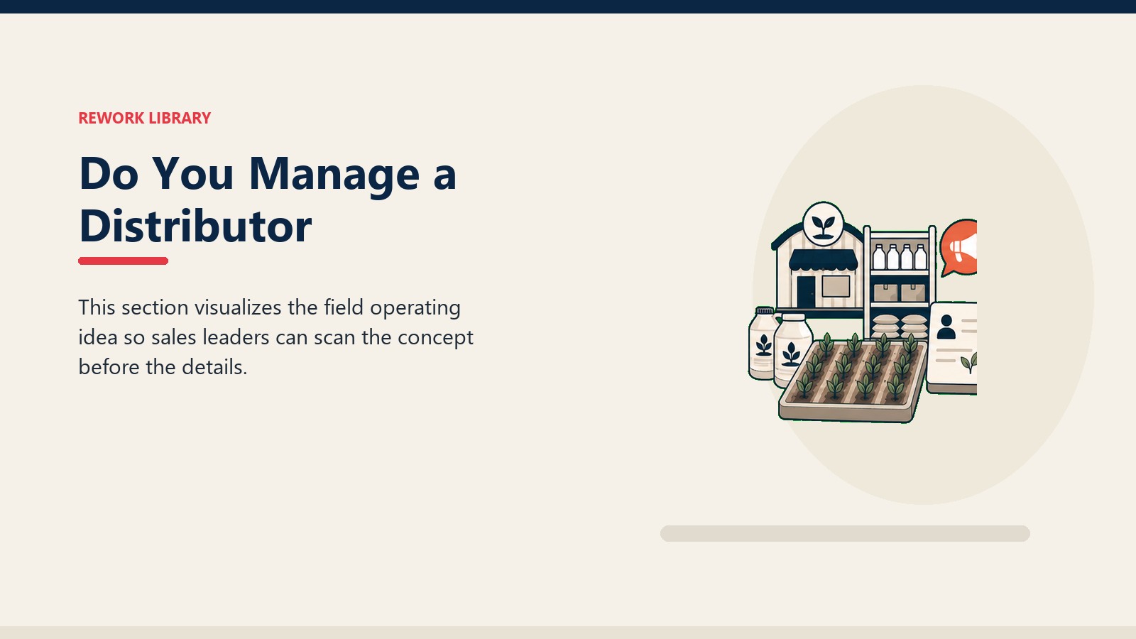 Do You Manage a Distributor showing agri-input commercial system with crop field tile, dealer outlet token, blank planning card, and one coral signal