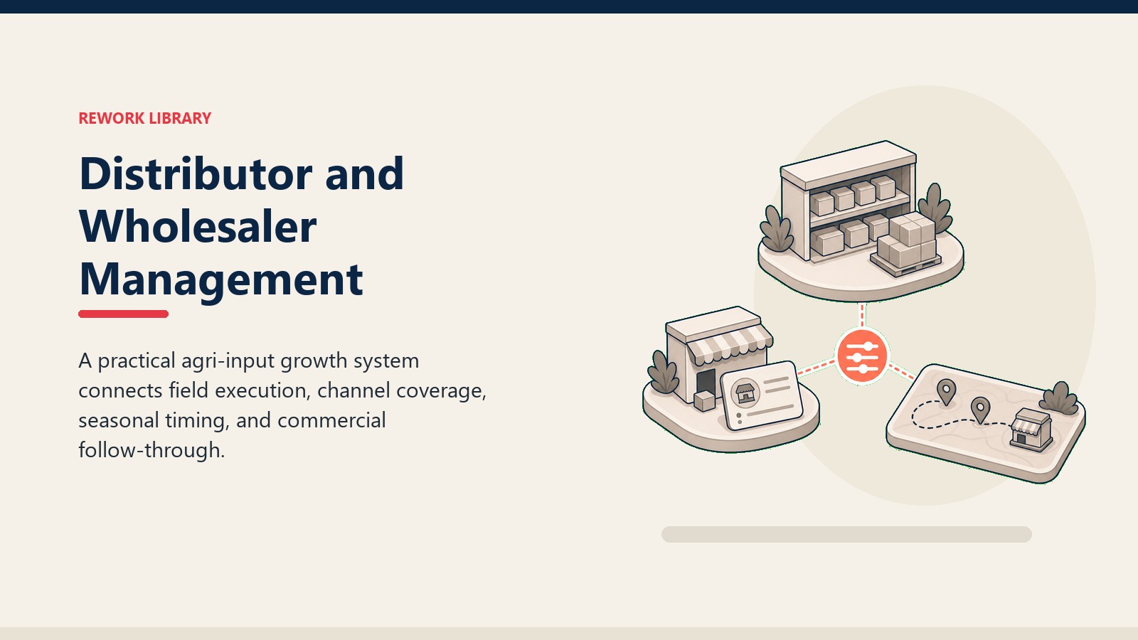 Distributor and Wholesaler Management showing agri-input commercial system with crop field tile, dealer outlet token, blank planning card, and one coral signal