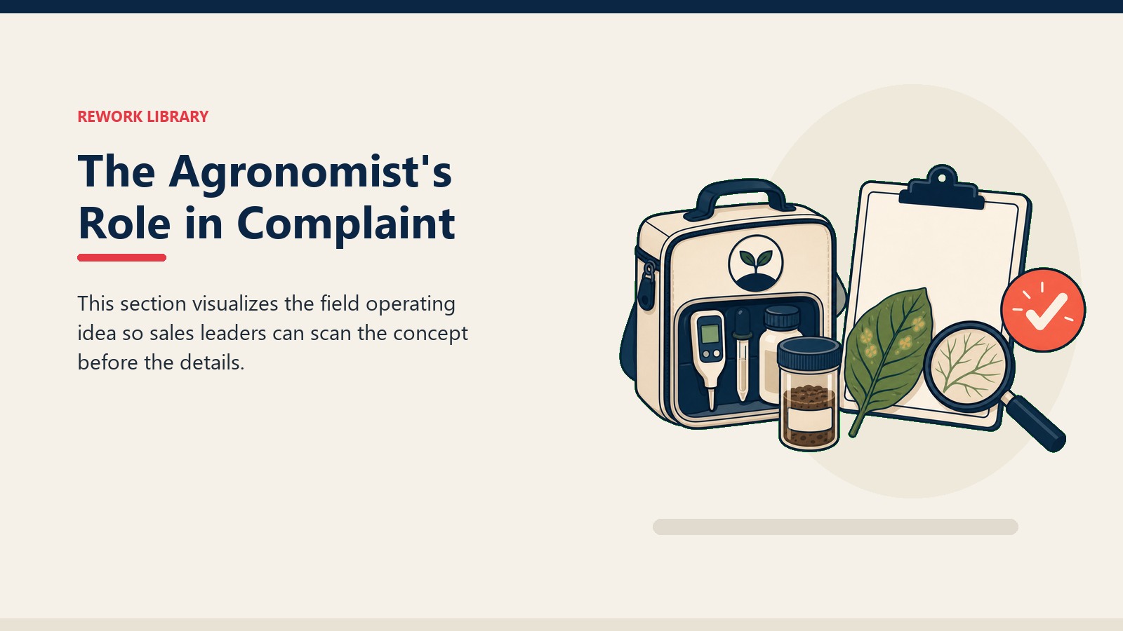 The Agronomist's Role in Complaint showing crop field tile, abstract farmer segment tokens, blank advisory card, and one coral trust marker