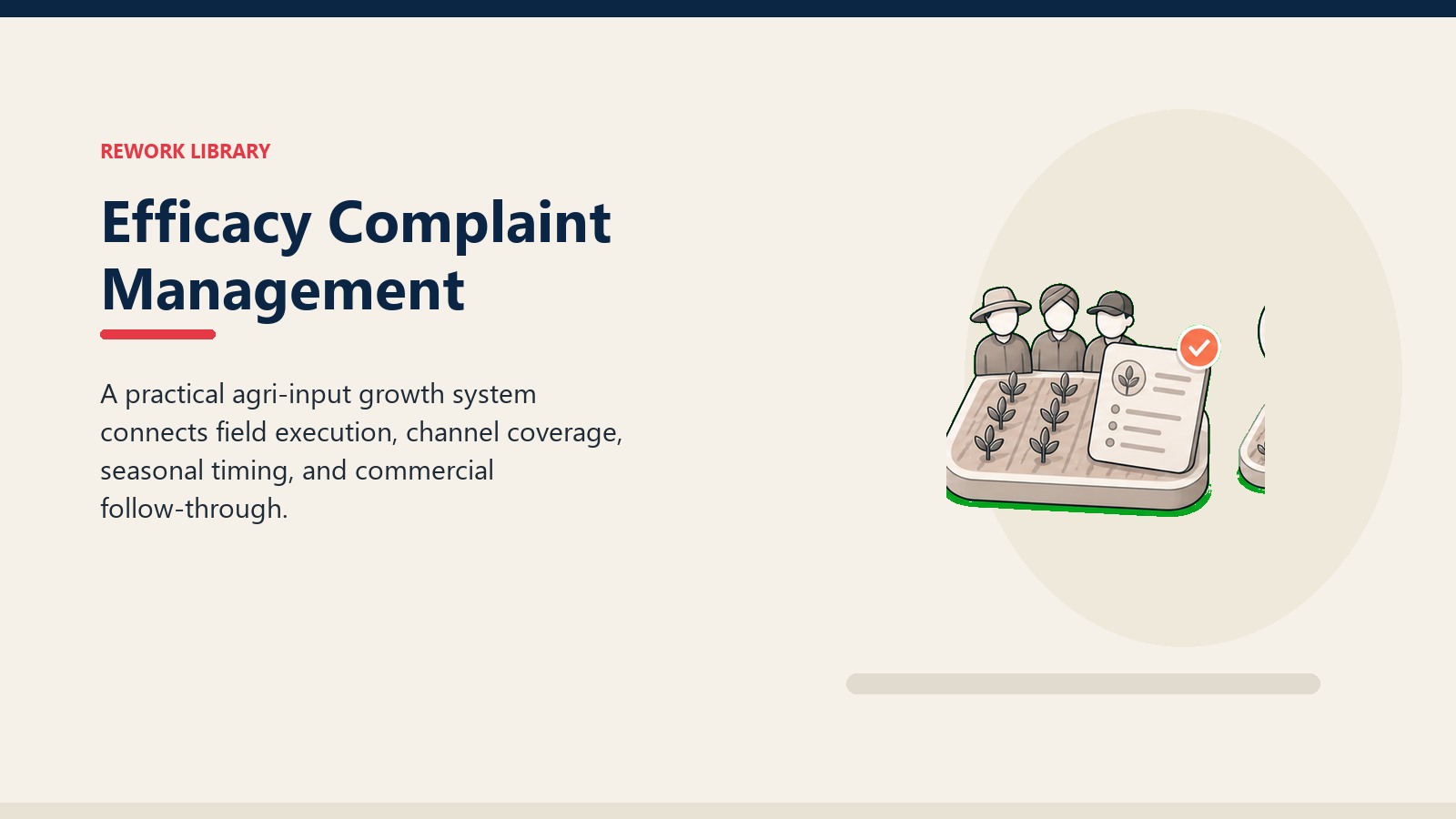 Efficacy Complaint Management showing crop field tile, abstract farmer segment tokens, blank advisory card, and one coral trust marker