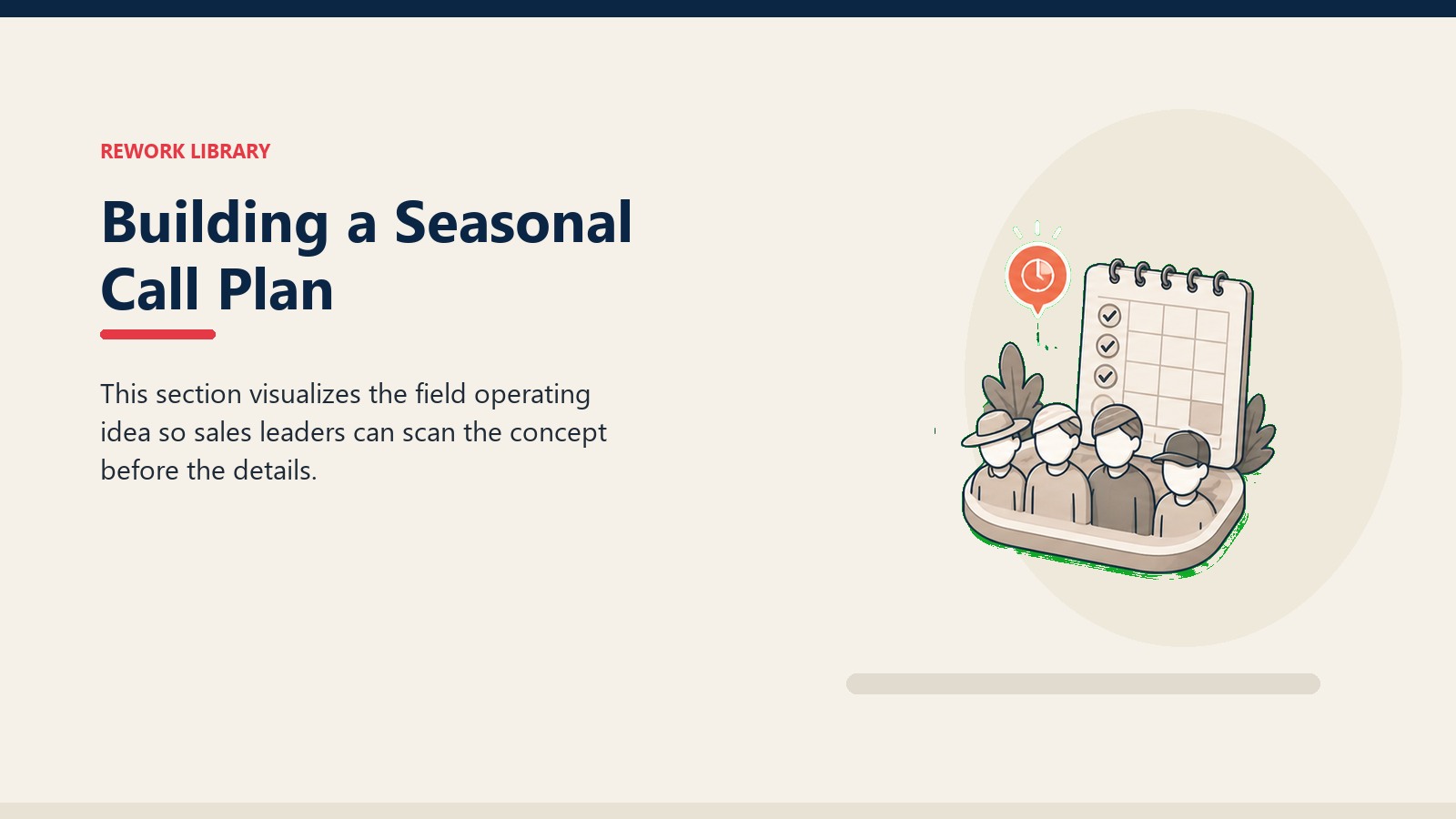 Building a Seasonal Call Plan showing crop field tile, abstract farmer segment tokens, blank advisory card, and one coral trust marker