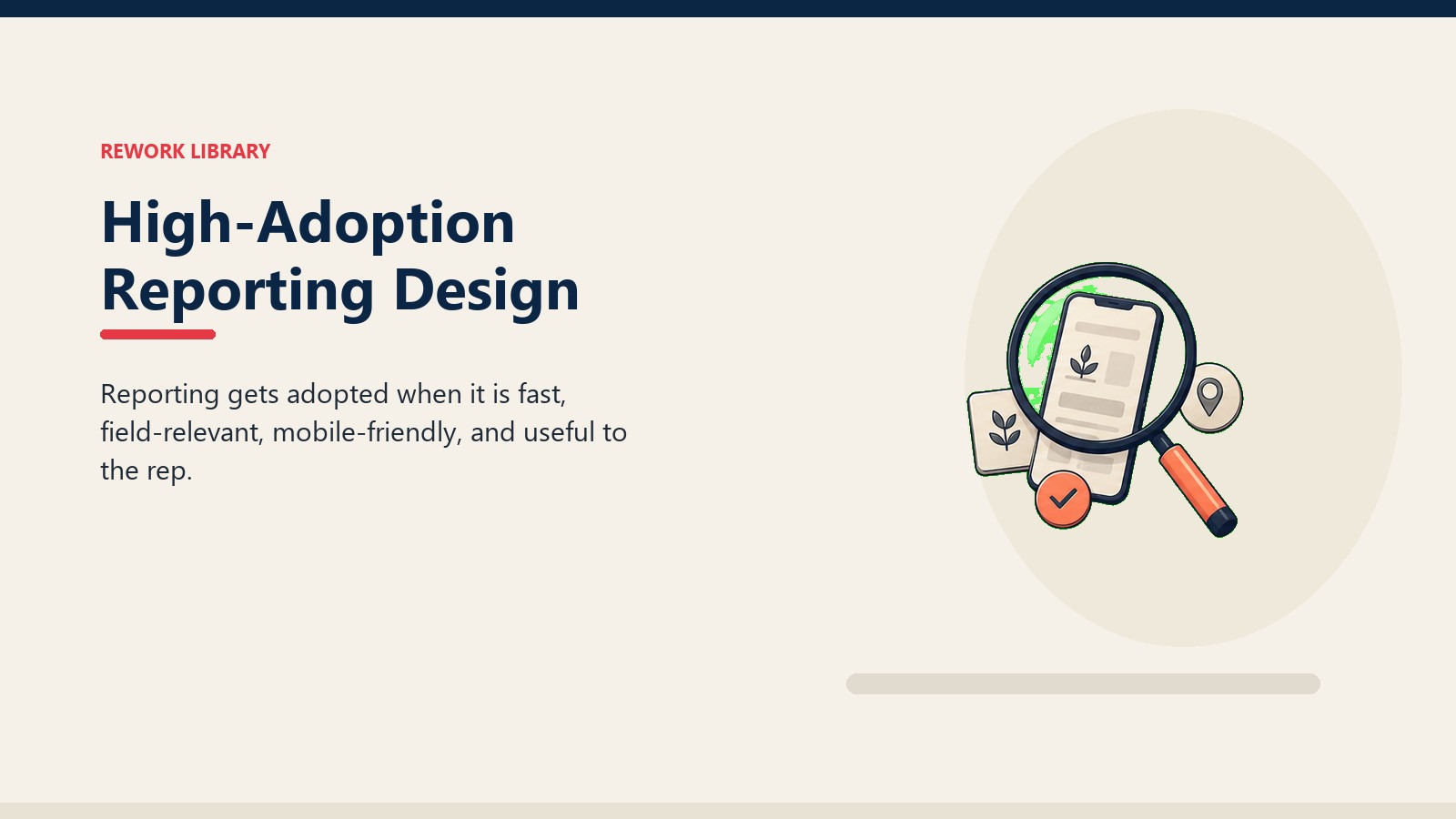High-Adoption Reporting Design showing simple usability lens over a mobile field card, crop token, route marker, and one coral ease-of-use signal