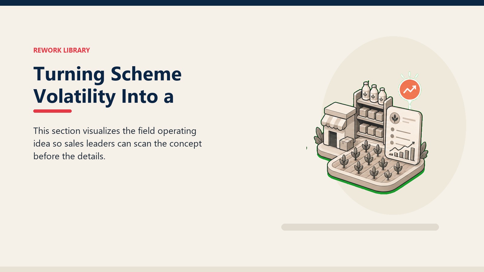 Turning Scheme Volatility Into a showing agri-input commercial system with crop field tile, dealer outlet token, blank planning card, and one coral signal