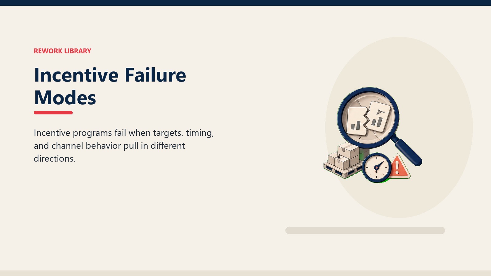 Incentive Failure Modes showing risk lens over broken incentive cards, stock loading token, activity counter, and one coral warning marker