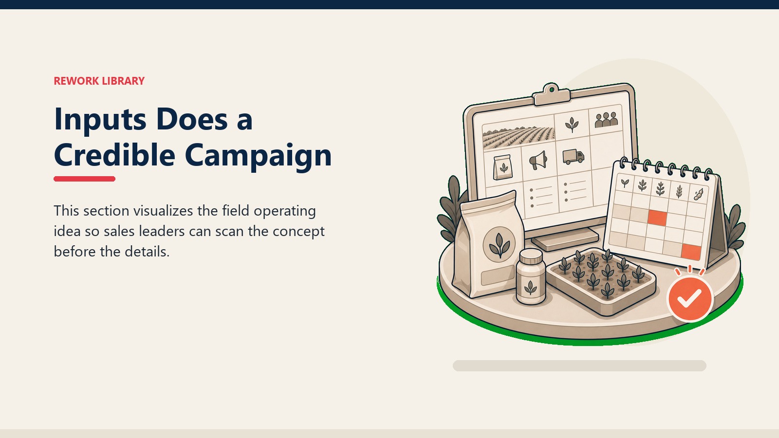 Inputs Does a Credible Campaign showing field advisory workbench with crop rows, soil sample token, blank report card, and one coral insight marker