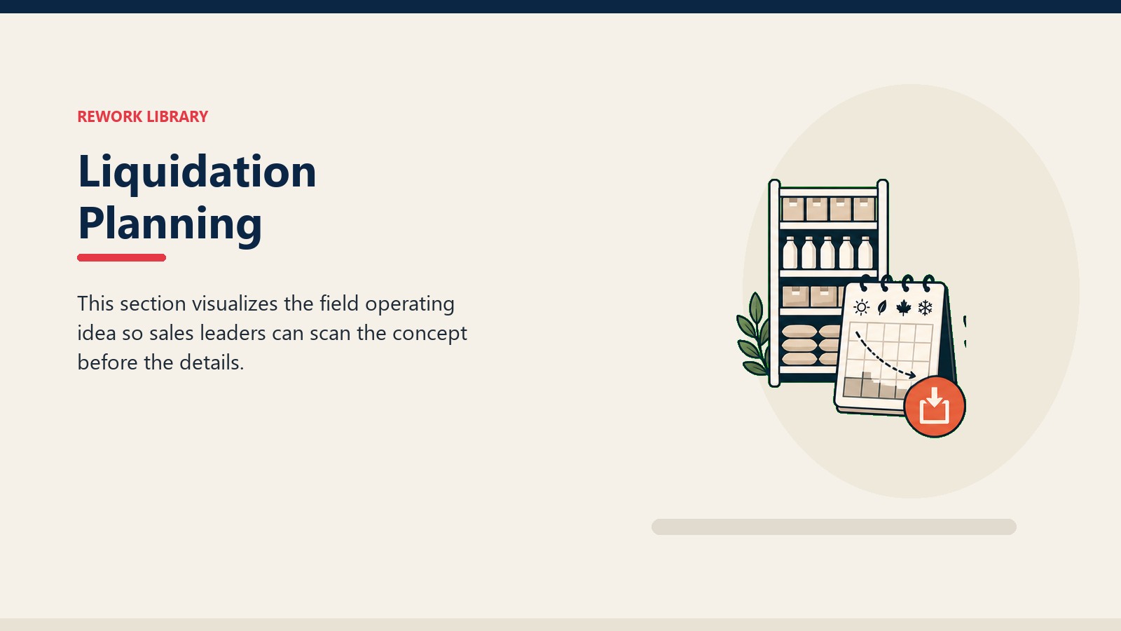 Liquidation Planning showing blank stock shelf tiles, crop-season calendar window, and one coral replenishment marker