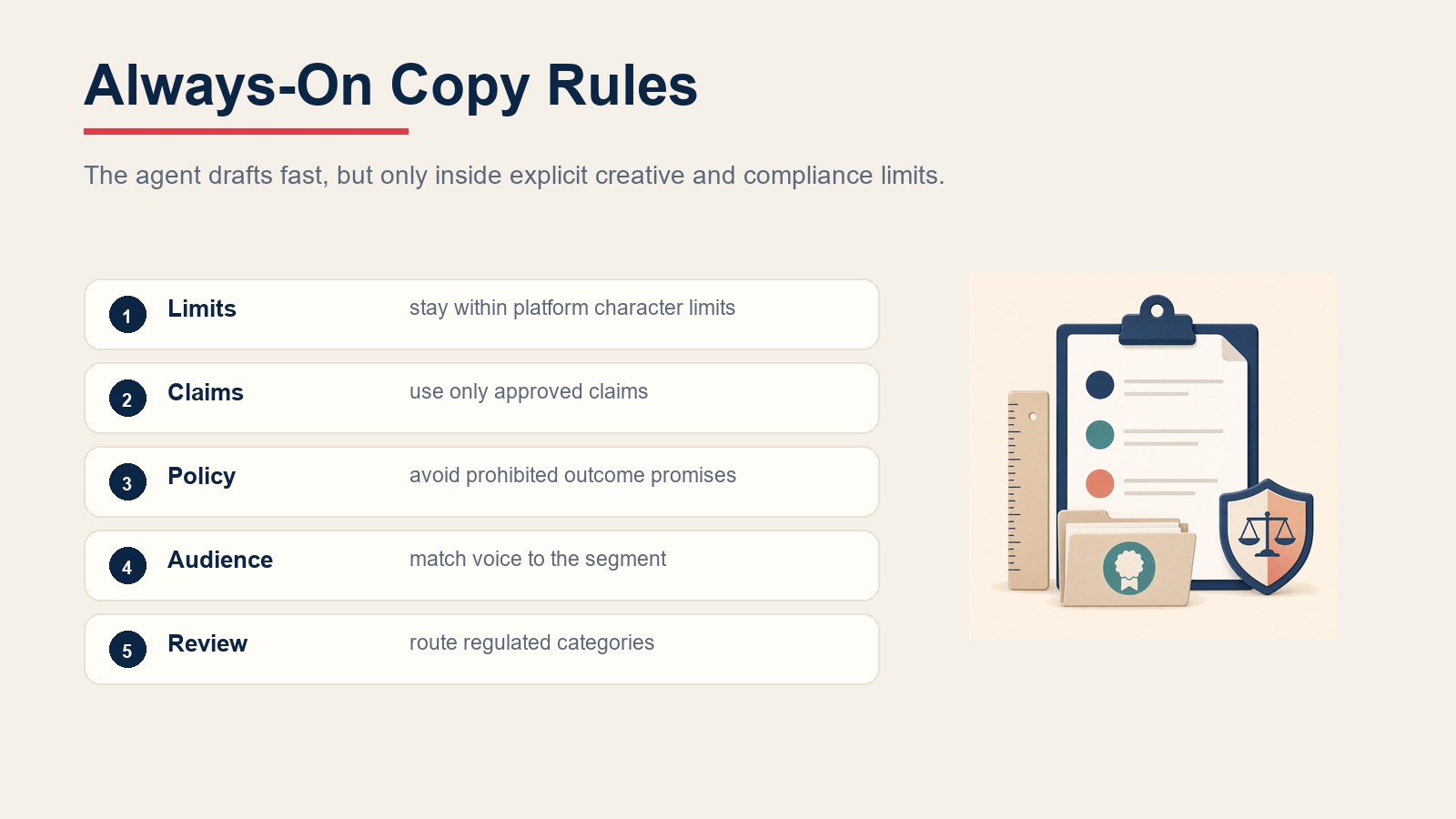 Daftar periksa aturan operasi ad copy agent untuk batasan, klaim, kebijakan, audiens, dan perutean tinjauan