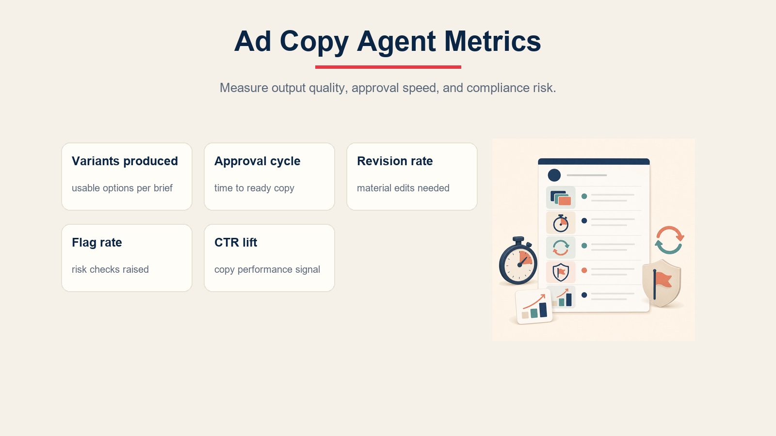 Kartu skor metrik ad copy agent untuk varian yang dihasilkan, siklus persetujuan, tingkat revisi, tingkat tanda, dan peningkatan CTR
