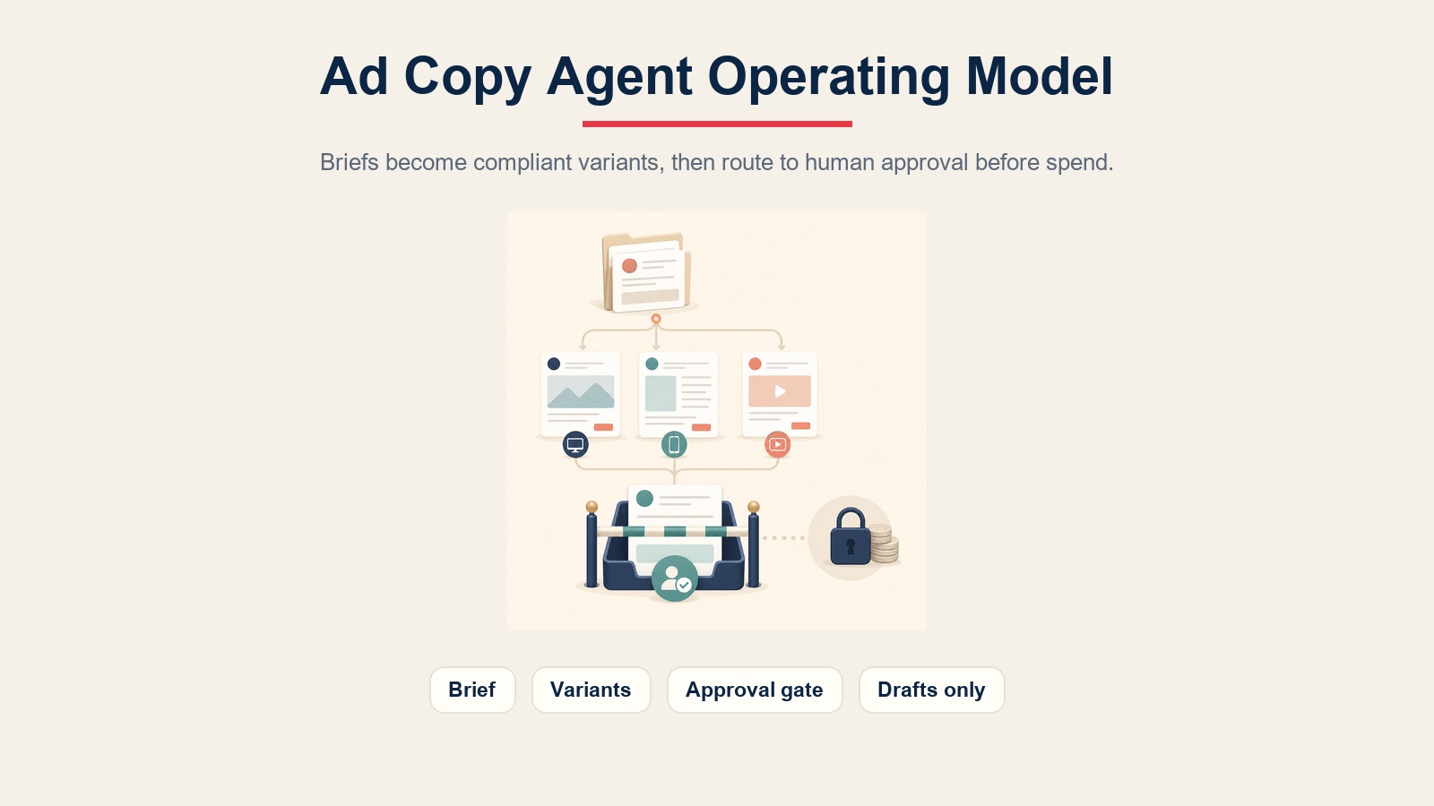 Model operasi ad copy agent yang menunjukkan brief kampanye, varian teks iklan, gerbang persetujuan, dan alur kerja khusus draf