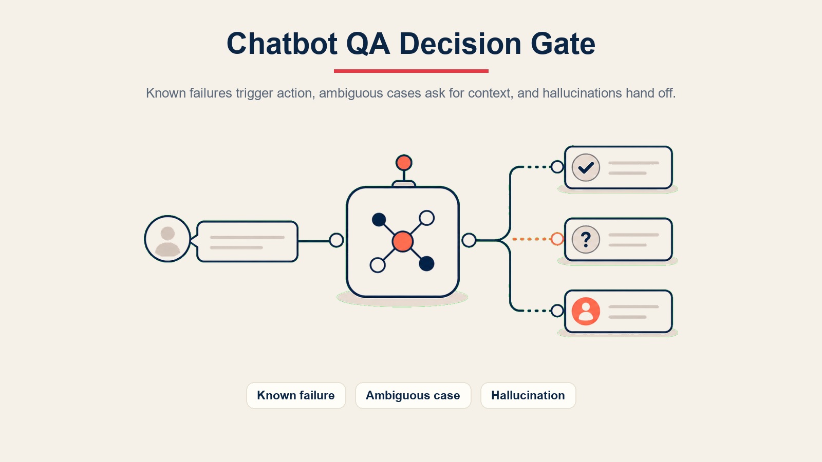 Chatbot-QA-Entscheidungs-Gate zeigt bekannte Fehler, unklare Fälle und Halluzinations-Übergabe rund um einen Modellkern