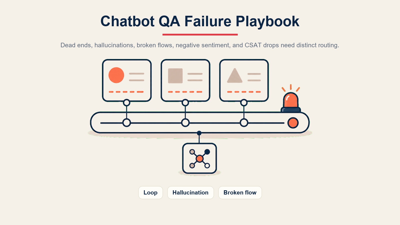 Chatbot-QA-Fehler-Playbook zeigt Fehlermuster-Token, die eine QA-Weiterleitungsschiene mit Alarmsignal speisen