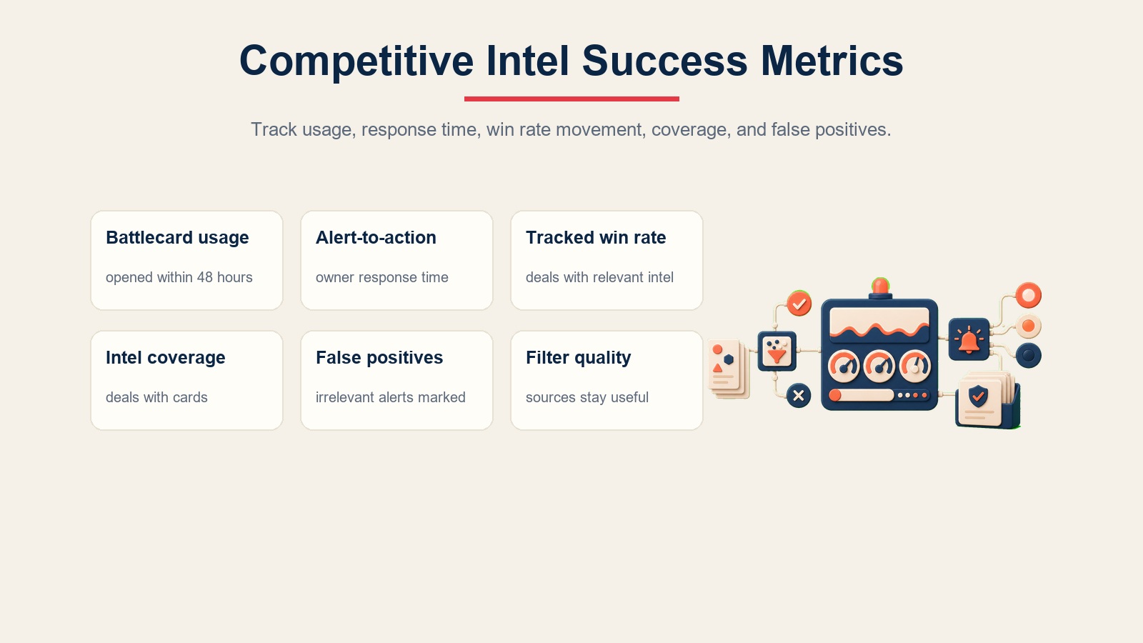 Métricas de éxito de inteligencia competitiva mostrando uso de battlecards, tiempo de respuesta a alertas, seguimiento de tasa de ganados, cobertura y falsos positivos