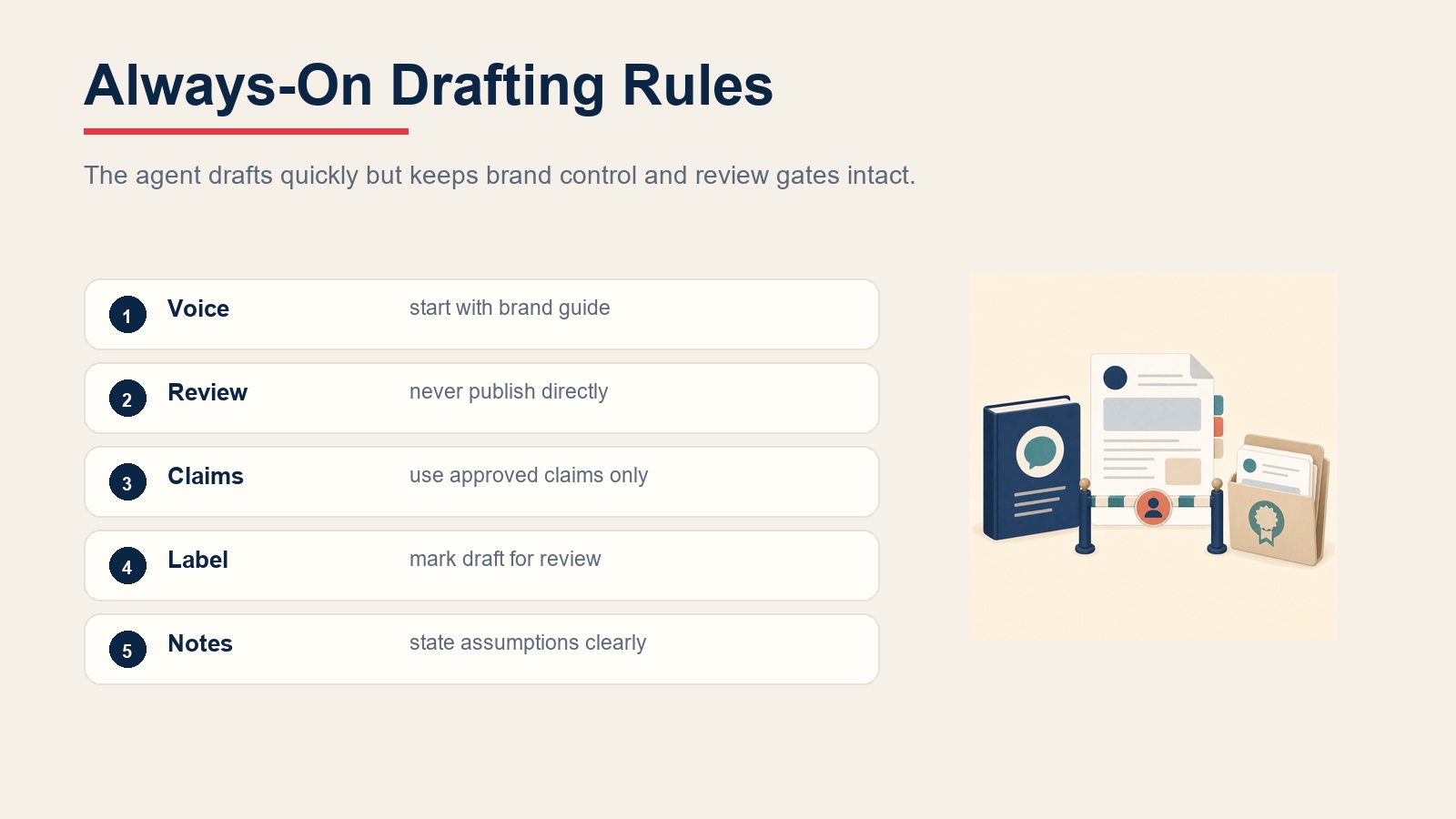 Checkliste der Betriebsregeln des Content Drafting Agent für Stimme, Prüfung, genehmigte Aussagen, Entwurfs-Labels und Annahmen