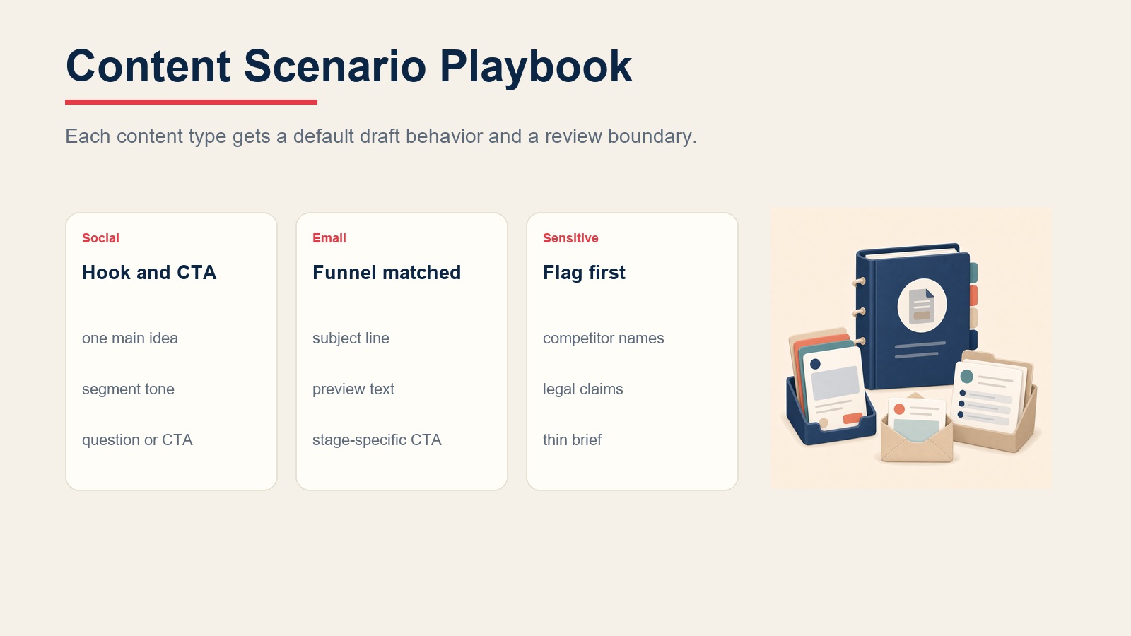 Szenario-Playbook des Content Drafting Agent im Vergleich für Social Posts, Nurture-E-Mails und sensible Anfragen
