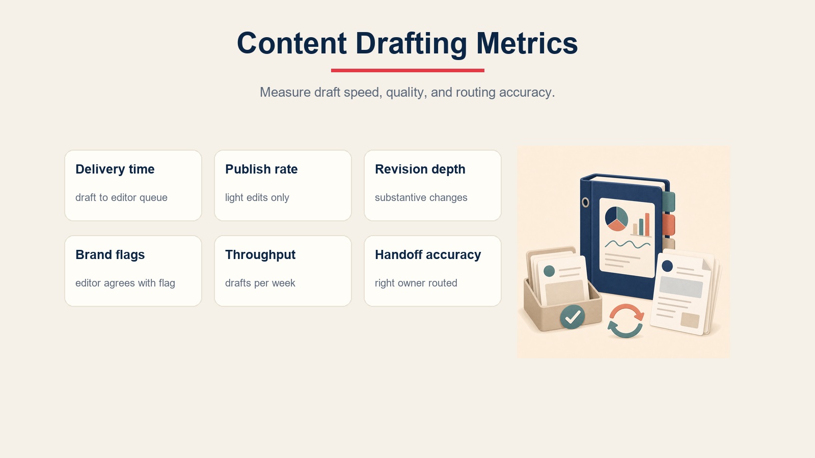Kennzahlen-Scorecard des Content Drafting Agent für Lieferzeit, Veröffentlichungsrate, Überarbeitungstiefe, Marken-Flags, Durchsatz und Übergabe-Genauigkeit