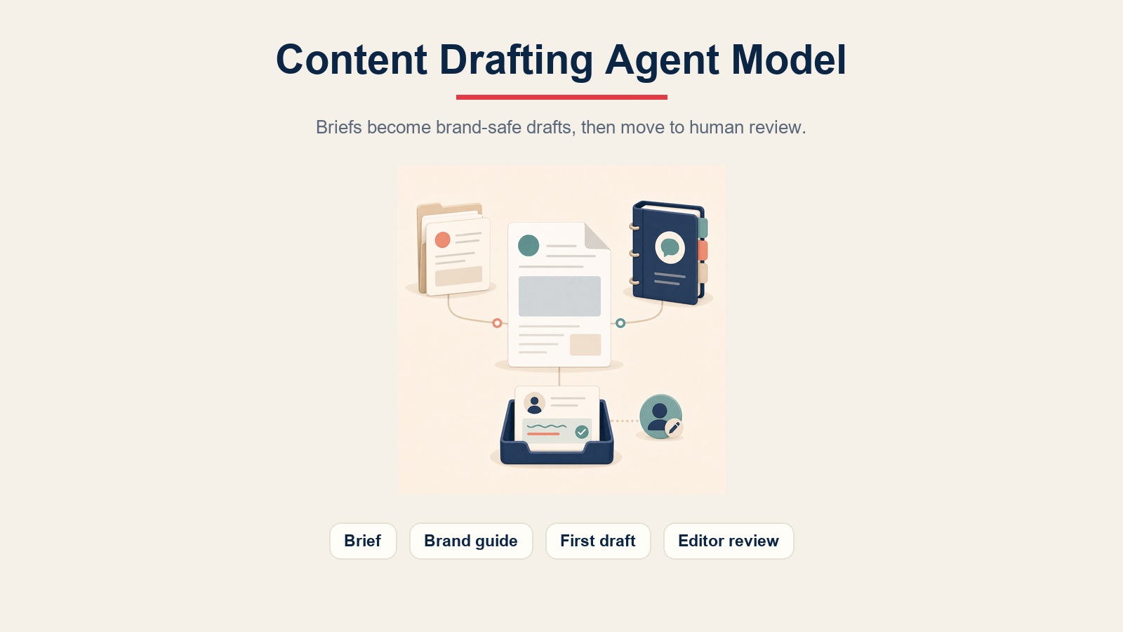 Betriebsmodell des Content Drafting Agent mit Briefing, Brand Guide, erstem Entwurf und redaktioneller Prüfschranke