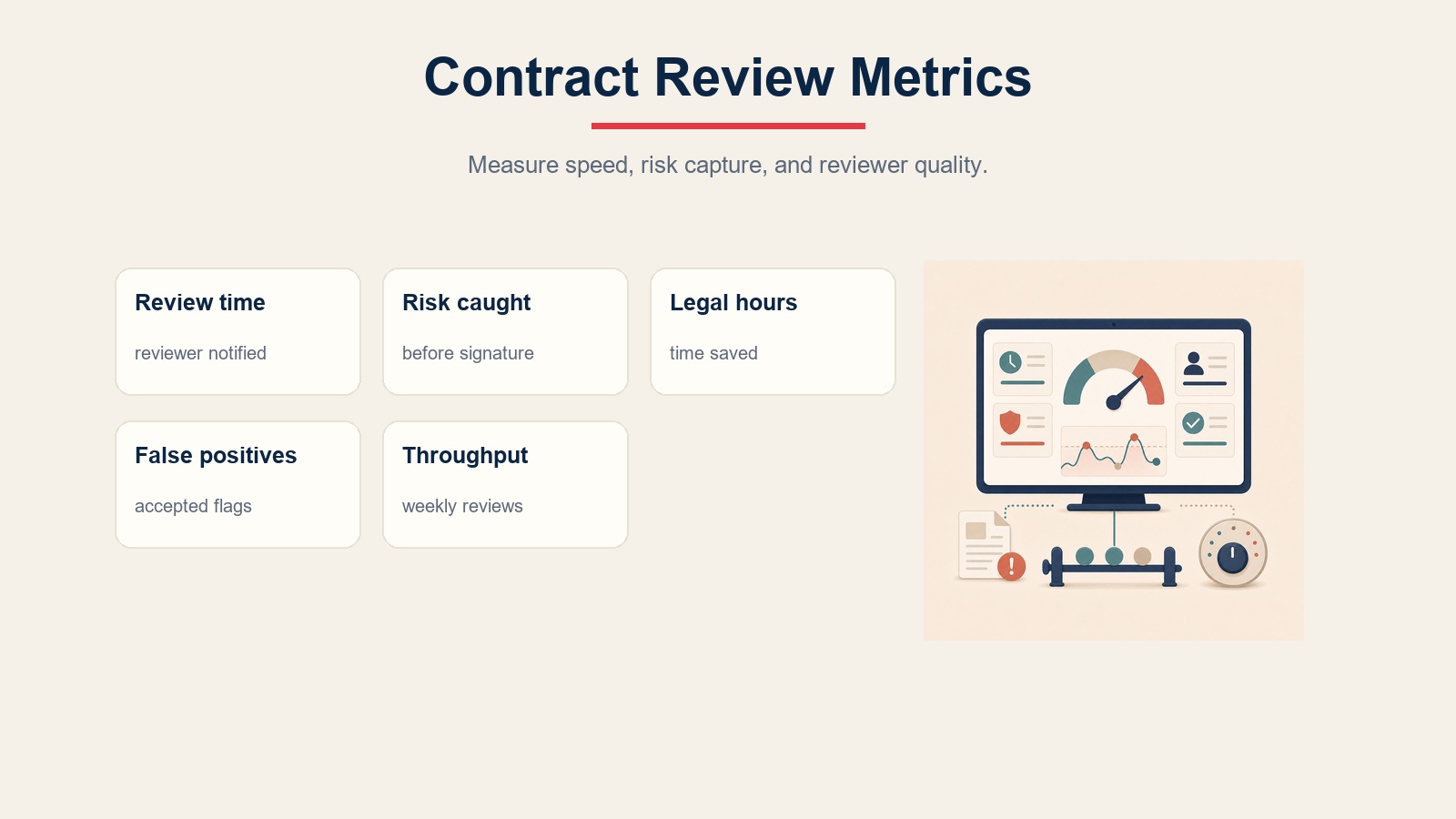Scorecard metrik tinjauan kontrak untuk waktu tinjauan, klausul berisiko tertangkap, jam hukum, false positive, dan throughput