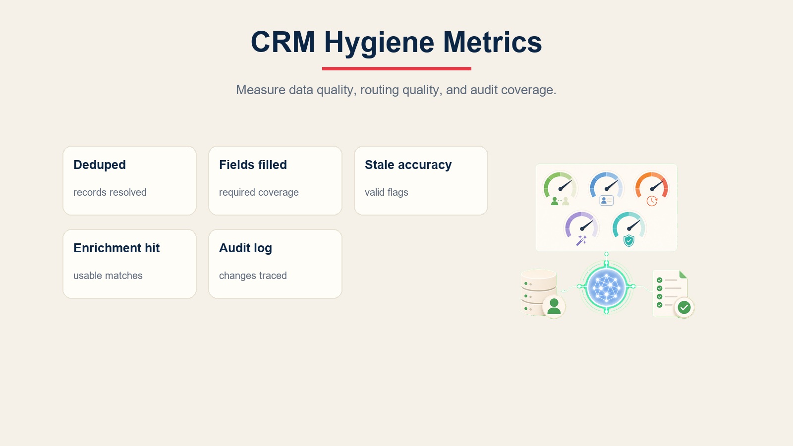 Tablero de métricas de limpieza de CRM para deduplicación, completitud de campos, precisión de negocios inactivos, tasa de acierto de enriquecimiento y registros de auditoría