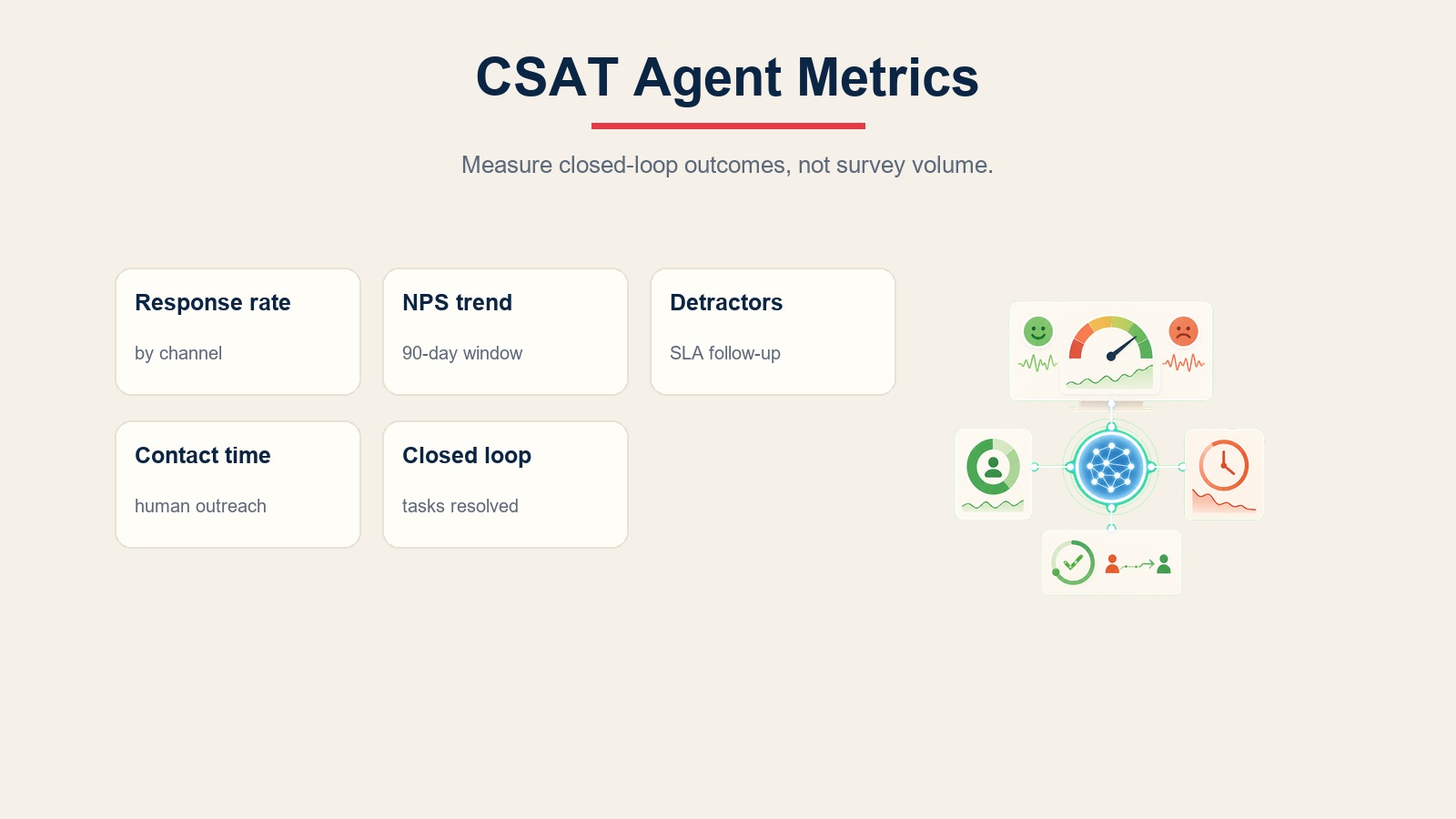 Scorecard metrik CSAT agent untuk tingkat respons, tren NPS, tindak lanjut detractor, waktu ke kontak, dan penyelesaian tugas closed-loop