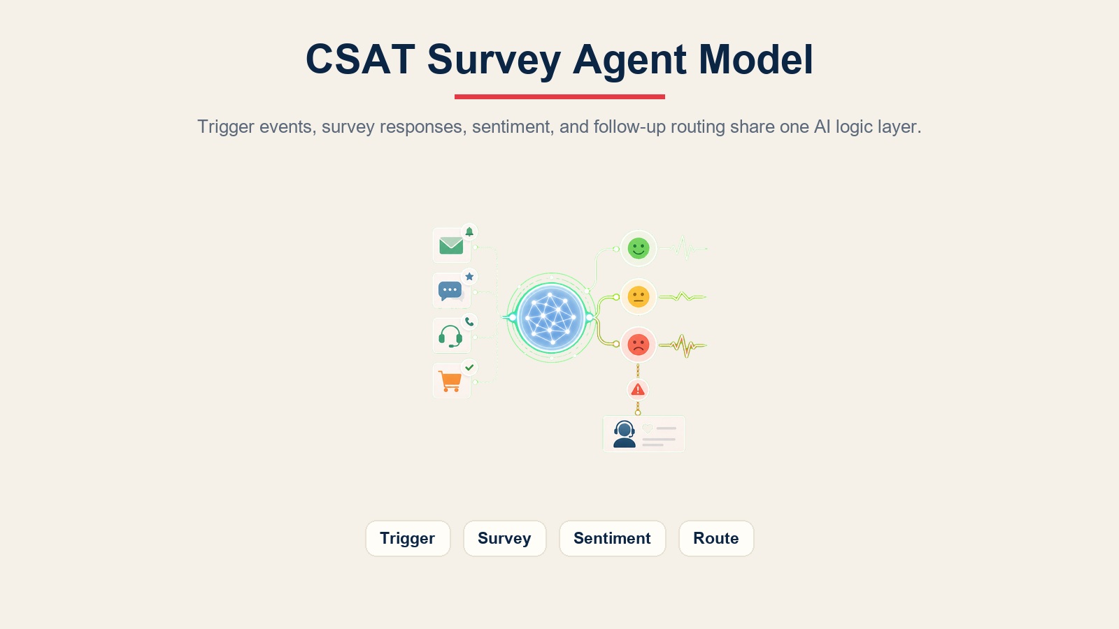 CSAT survey agent yang merutekan kejadian pemicu, respons survei, sinyal sentimen, dan tindakan tindak lanjut melalui lapisan logika AI