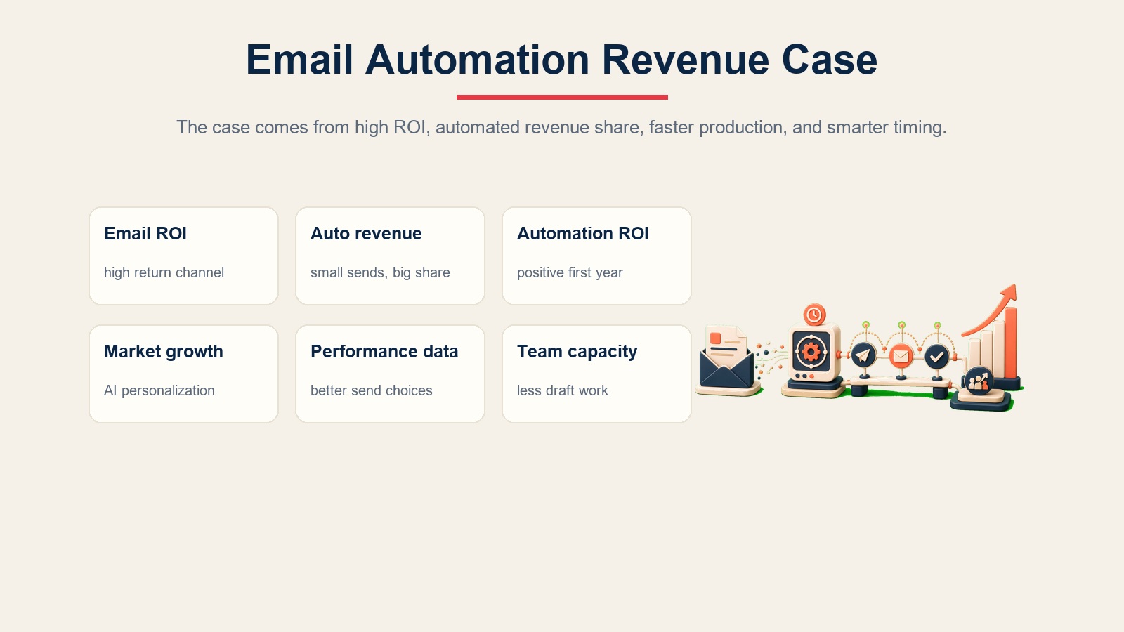 Kes hasil automasi e-mel menunjukkan ROI, bahagian hasil automatik, ROI automasi, pemperibadian, data prestasi, dan kapasiti pasukan