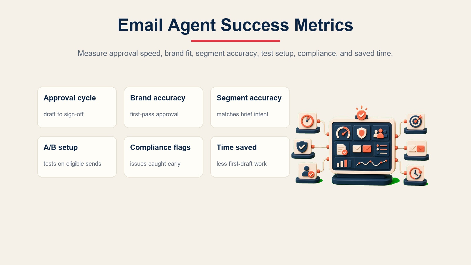 Metrik kejayaan email agent menunjukkan kitaran kelulusan, ketepatan jenama, ketepatan segmen, persediaan A/B, tandaan pematuhan, dan masa dijimatkan
