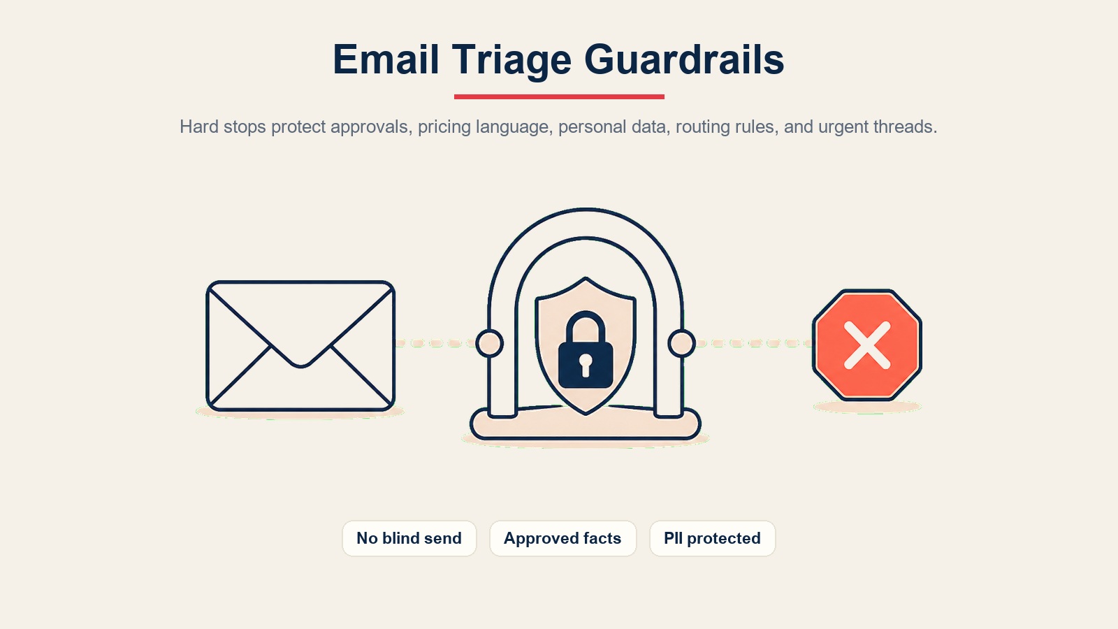 Barreiras de proteção da triagem de e-mail mostrando aprovação, fatos aprovados, proteção de dados pessoais, regras de roteamento e proteção de conversas urgentes