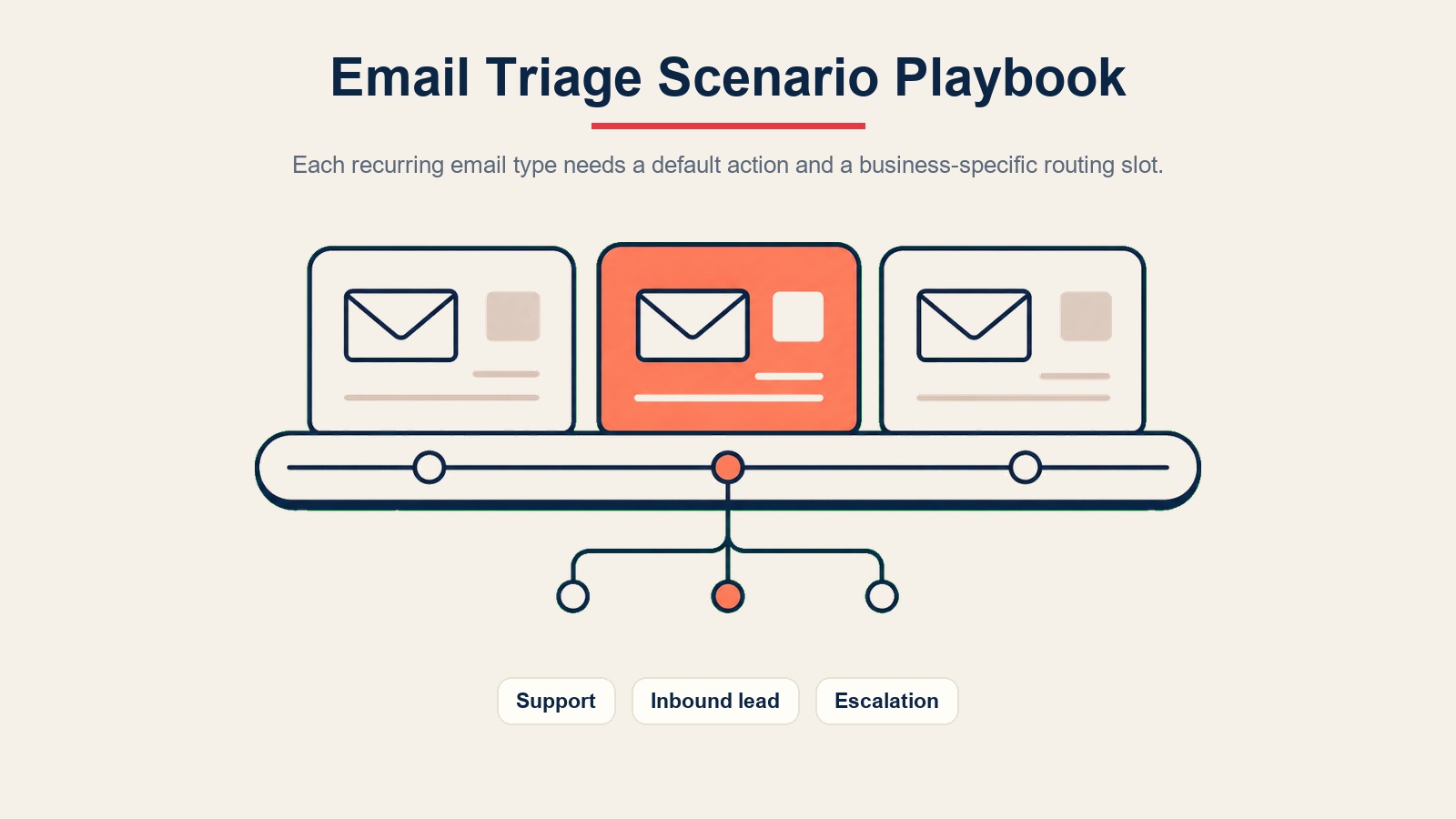 Manual de cenários da triagem de e-mail mostrando campos de suporte, lead inbound e roteamento de escalada