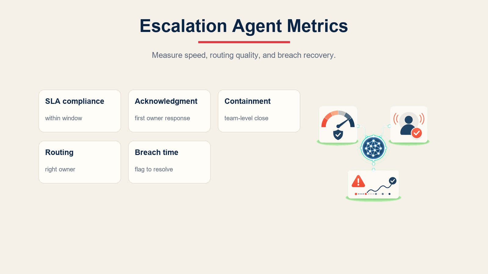 Eskalations-Agent-Metriken-Scorecard für SLA-Compliance, Bestätigungszeit, Eindämmung, Routing-Genauigkeit und Verletzungswiederherstellung