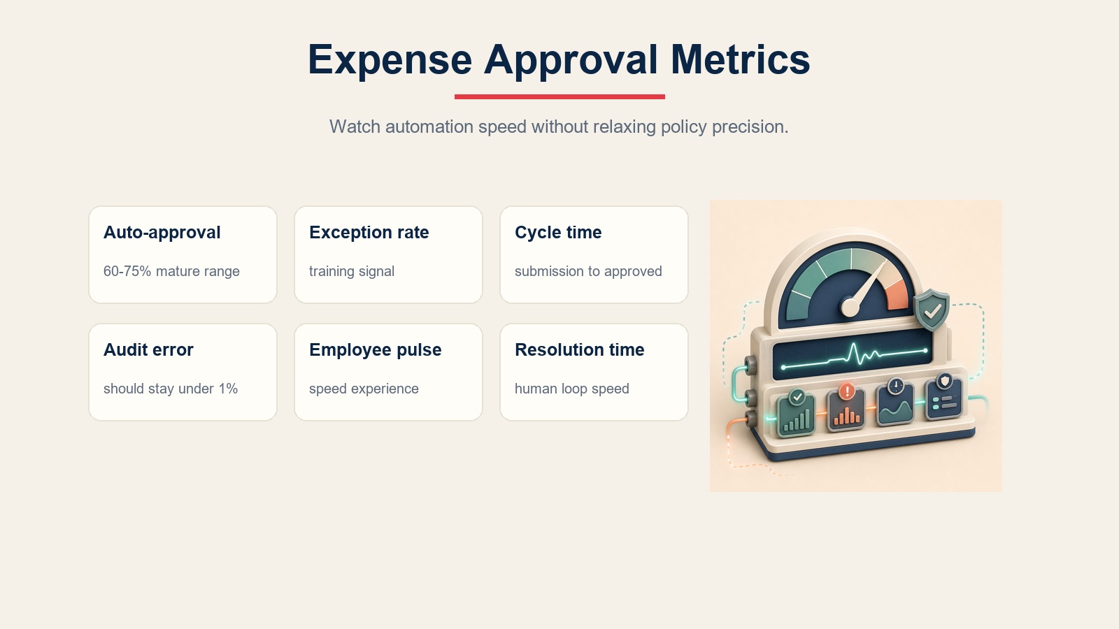 Métricas del expense approval para aprobación automática, excepciones, tiempo de ciclo, errores de auditoría y velocidad de resolución