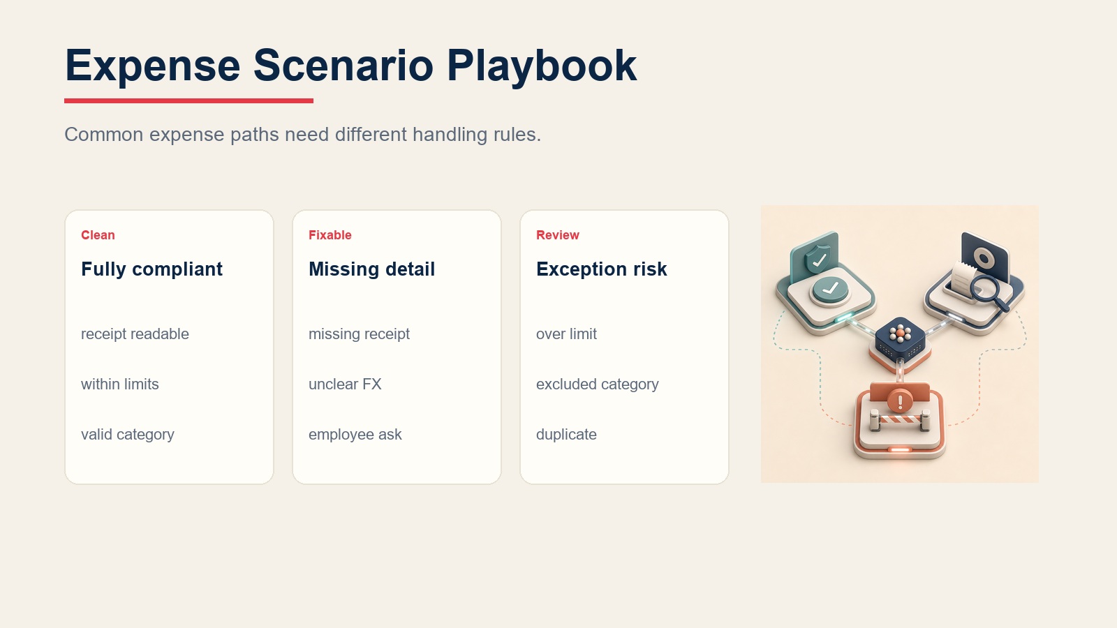 Manual de escenarios del expense approval comparando rutas conformes, solucionables y de revisión de riesgo