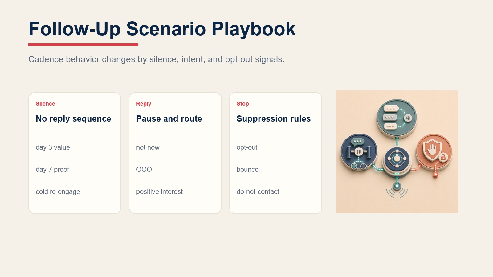 Follow-up-Szenario-Playbook vergleicht Schweigen, Antwort-Routing und Unterdrückungs-Status