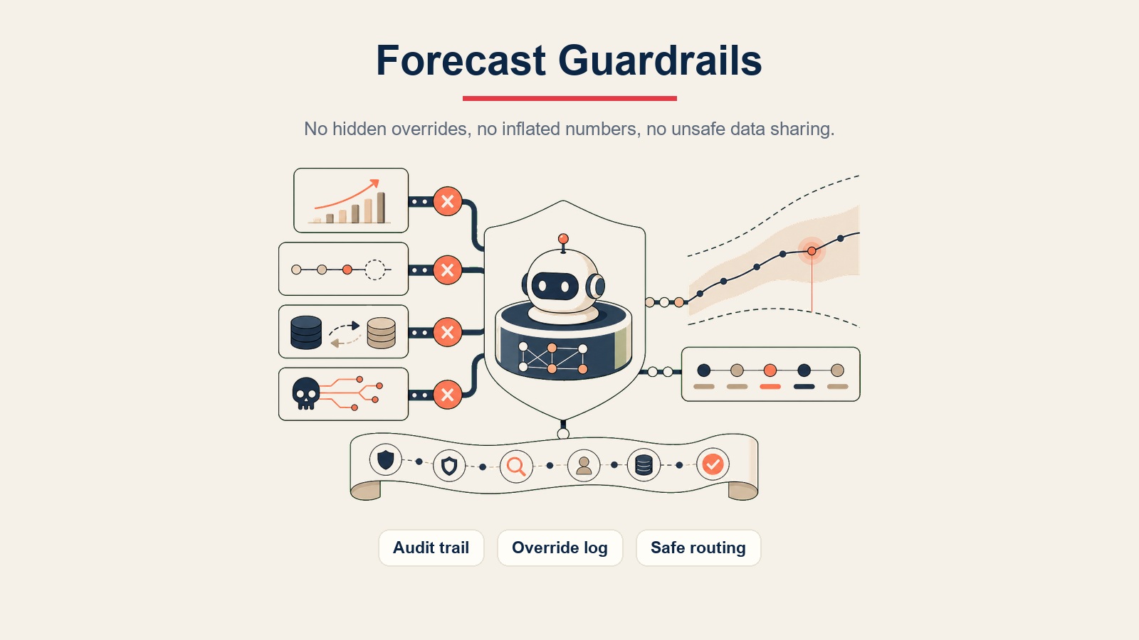 AI Forecasting Agent Visualisierung zeigt Leitplanken für Audit-Trail, Override-Protokollierung und sichere Weiterleitung