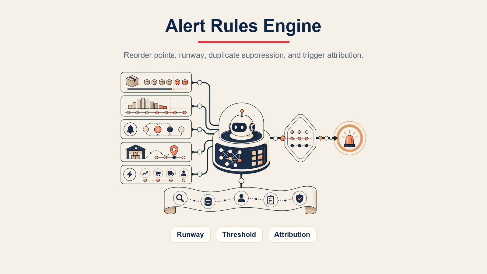 AI Inventory Alert Agent visual en línea mostrando un motor de reglas de alerta para autonomía, umbral y atribución de disparo