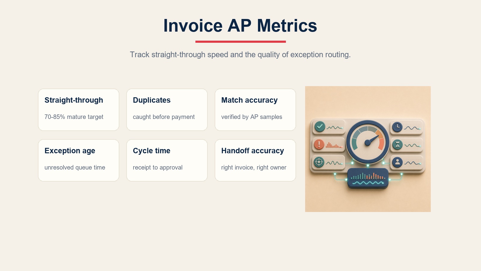 Invoice AP Kennzahlen für Straight-Through-Processing, Duplikate, Abgleichgenauigkeit, Zykluszeit und Übergaben