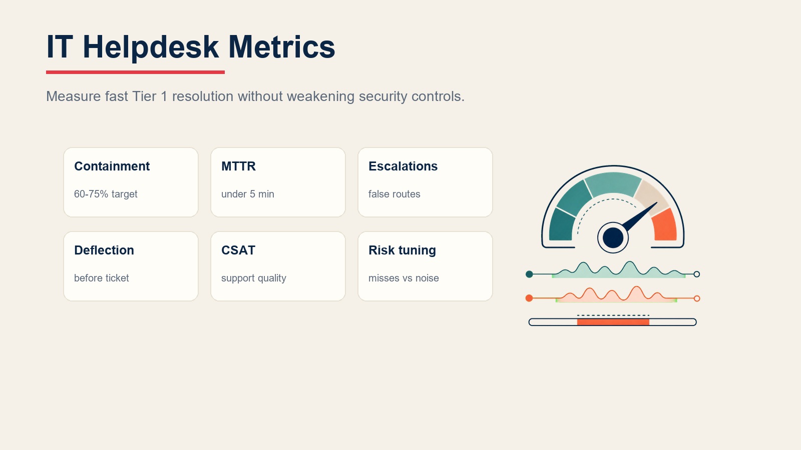 Métricas del helpdesk de TI para contención, MTTR, calidad de escalada, deflexión, CSAT y ajuste de riesgo
