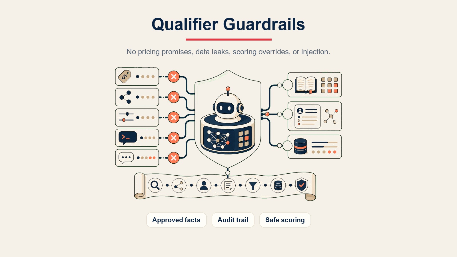 AI Lead Qualifier Agent Visualisierung zeigt Leitplanken für genehmigte Fakten, Audit-Trail und sichere Bewertung